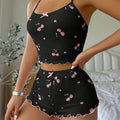 Women's Heart Print Sexy Ribbed Bow Decor Pajama Set, Round Neck Backless Comfortable Crop Cami Top & Shorts, Summer Nightwear