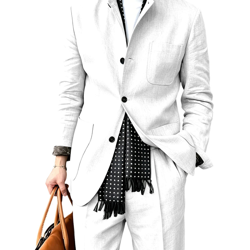 Men's Linen Blend 2 Piece Suit Set Stand Collar Breathable Casual Blazer Pants For Business Daily Wear
