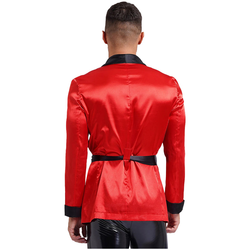 Mens Sleepwear Jacket Robe with Belt Pajamas Top Lapel Long Sleeve Side Pockets Satin Shirt Kimono Bathrobe Nightwear Loungewear