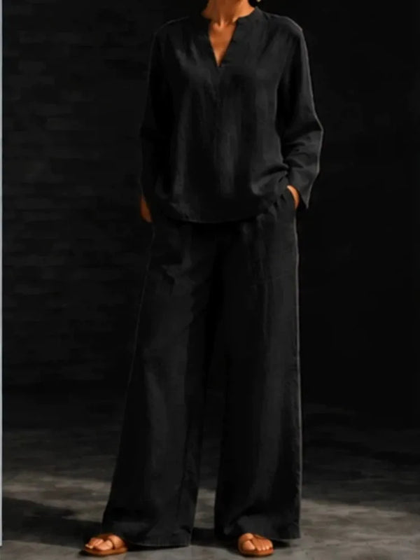 Women 2‑Piece Matching Outfit Long Sleeve Button Shirt High Waist Wide Leg Pant Loose Vacation Street Daily Wear Suit For Ladies