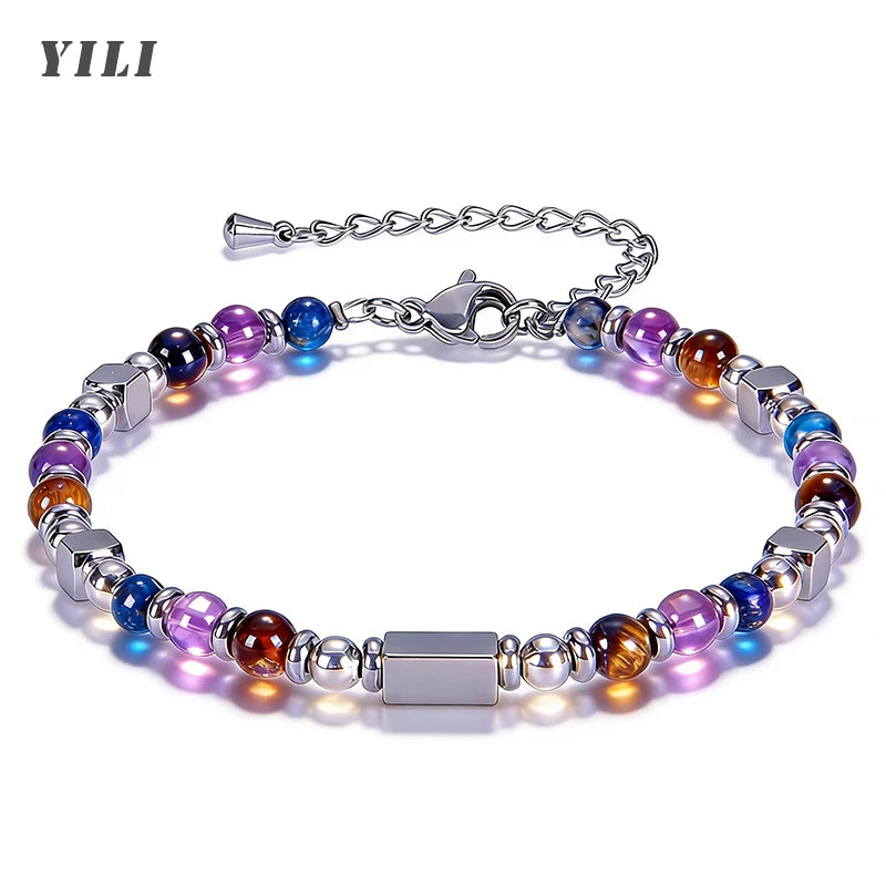 2026 Classic 6mm Tiger Eye Stone Hematite Beaded Bracelet Adjustable Stainless Steel Chain Bracelet for Men Women Jewelry Gifts