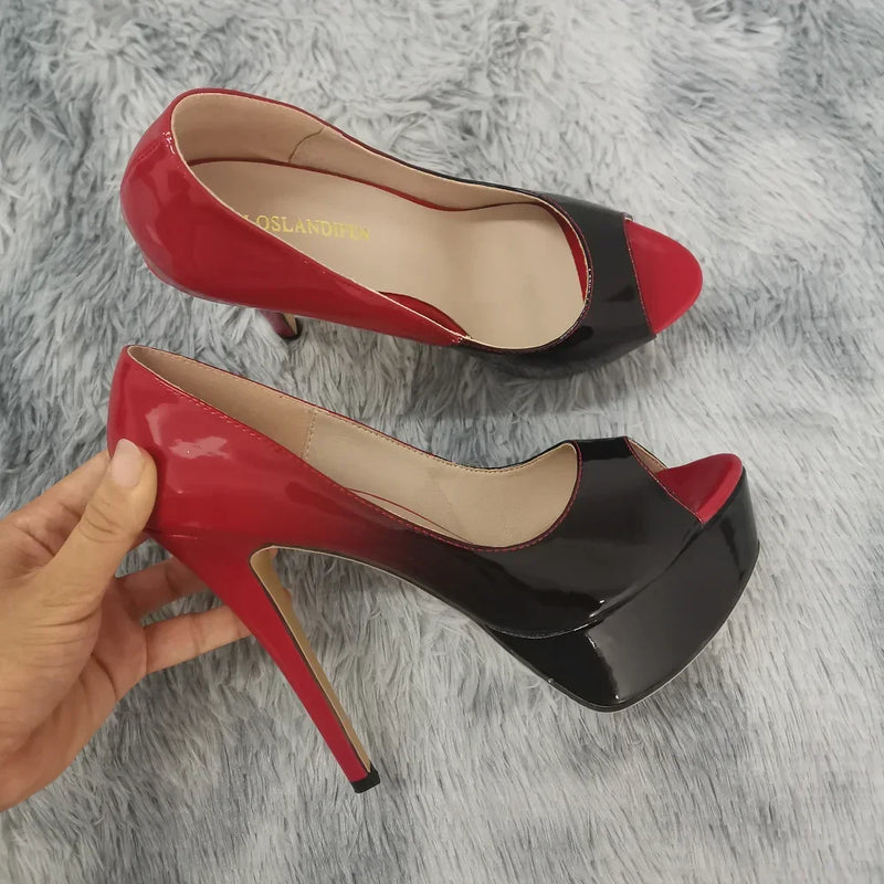 Women Stilettos Sexy Pumps 14cm Extremely Platform Peep Toe High Heels Patent Leather Party Nighclub Dress Red Wedding Shoes