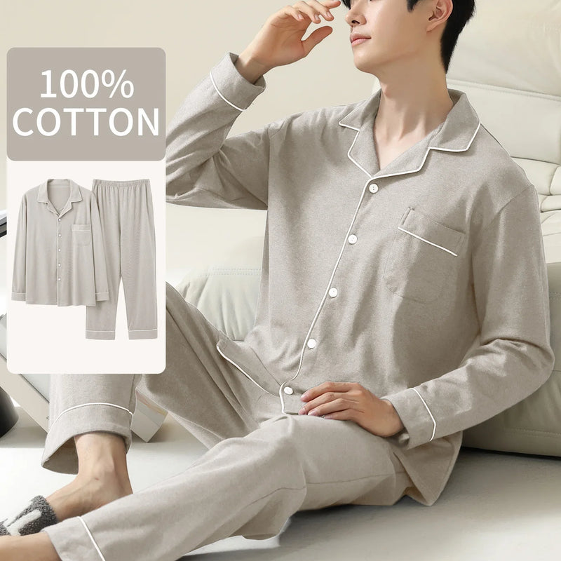 Men's 100% cotton long sleeved four season plus size men's sleepwear, teenage pure cotton home suit set for warmth