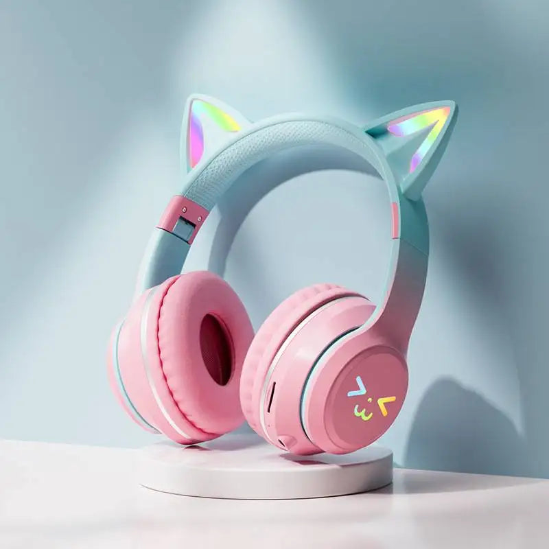 Cat's Ears Headset RGB Light Smile Face TWS Headset Gradient New Headphone Pink Little Girl Earphone Gift Suitable for Any Phone