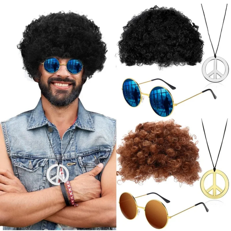 Men Synthetic Wig Hat Curly Hair Cap Sunglasses Necklace 3 PCS Set Funny 70s Disco Hippie Hair Props Party Hip Hop Dance Costume