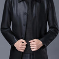 Classic Mid-Length Lapel Trench Coat with Fleece Lining for Warmth, Leather and Fur Integrated Men's Pu Coat, Luxurious Business