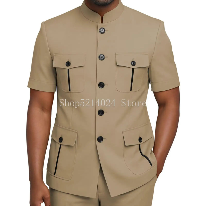 Mens Safari Suit 2 Piece Short Sleeve Suits for Men Regular Fit Stand Collar Suit African Clothes