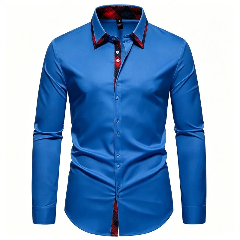 Men's Slim Fit Dress Shirt Plaid Patchwork Collar Long | SAMAG