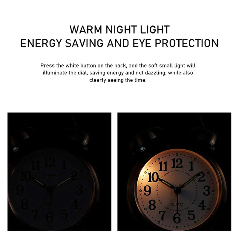 Super-Loud Twin-Bell Alarm Clock,Retro Non-Ticking Desk Clock,Antique Copper Bedside Alarm Clock With Nightlight For Desktop