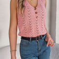 Solid Color Pointelle Knit Vest, Vacation Button Decor V | SAMAG