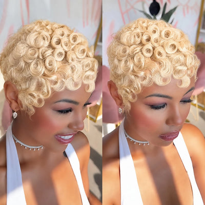 613 Blonde Short Curly Pixie Wig Human Hair Kinky Curly Afro Wig Glueless Natural Looking Easy Everyday Hairstyle Short Cut Wig