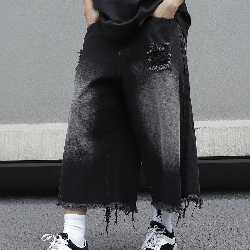 Men's Loose Ripped Denim Jeans 7 Point Calf Length Wide | SAMAG