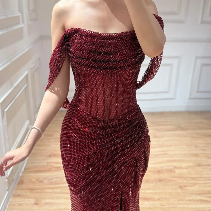 Aileen Sequin Off The Shoulder Burgundy Mermaid Evening | SAMAG