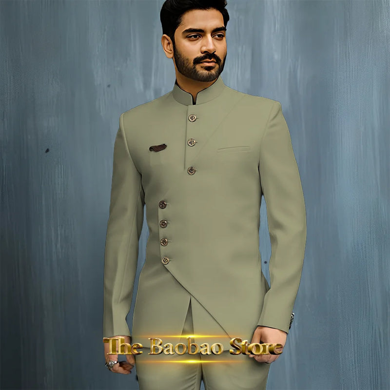 Matching Design Men's Suit 2pcs African/Indian Safiri Attire Customized Set with Gold Button for Wedding Party Formal Events