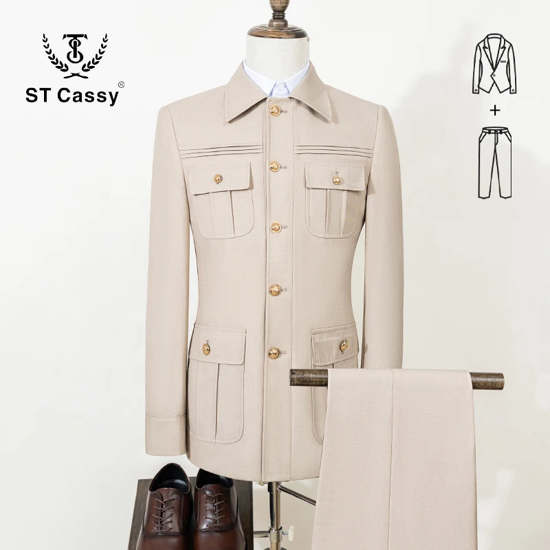 ST Cassy High Quality Safari Men's Suit Classic Fit Multi Buckle Multi Pocket Solid Color Casual Business Set Men's 2-Piece Set