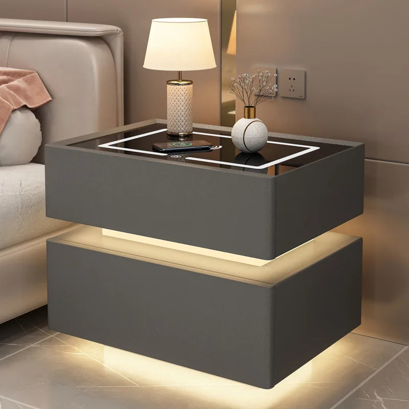 Modern Style Solid Wood Bedside Table with Wireless Charging Smart 2 Drawers Bedroom Nightstands with Lock 40/45/50cm