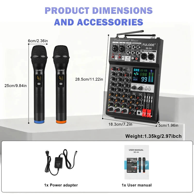 Fuluode SE-04 Professional 4 Channel Audio Mixer with UHF Wireless Microphone Sound Mixing Console USB Bluetooth Karaoke System