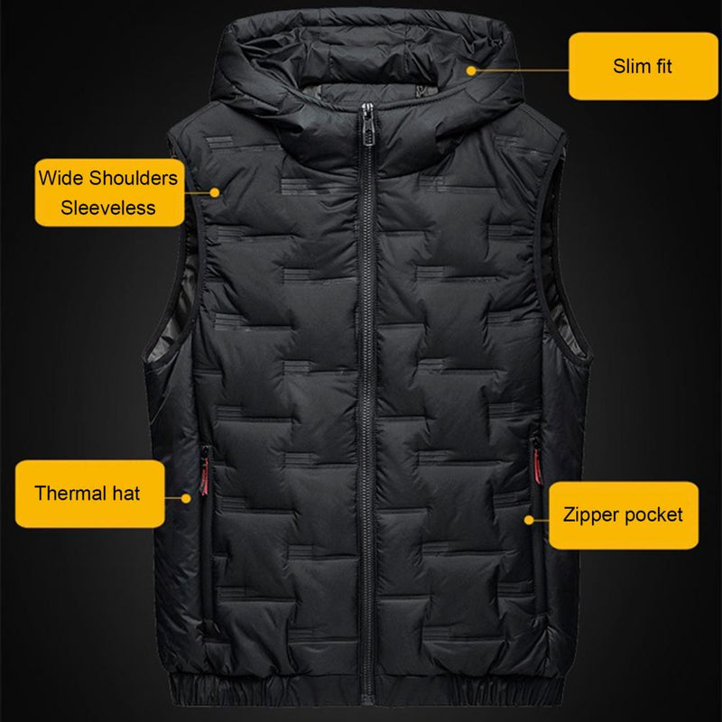 Men Autumn Winter Thickened Waistcoat Hooded Sleeveless Zipper Placket Vest Coat Down Vest Outwear Men's Iinsulated Vest