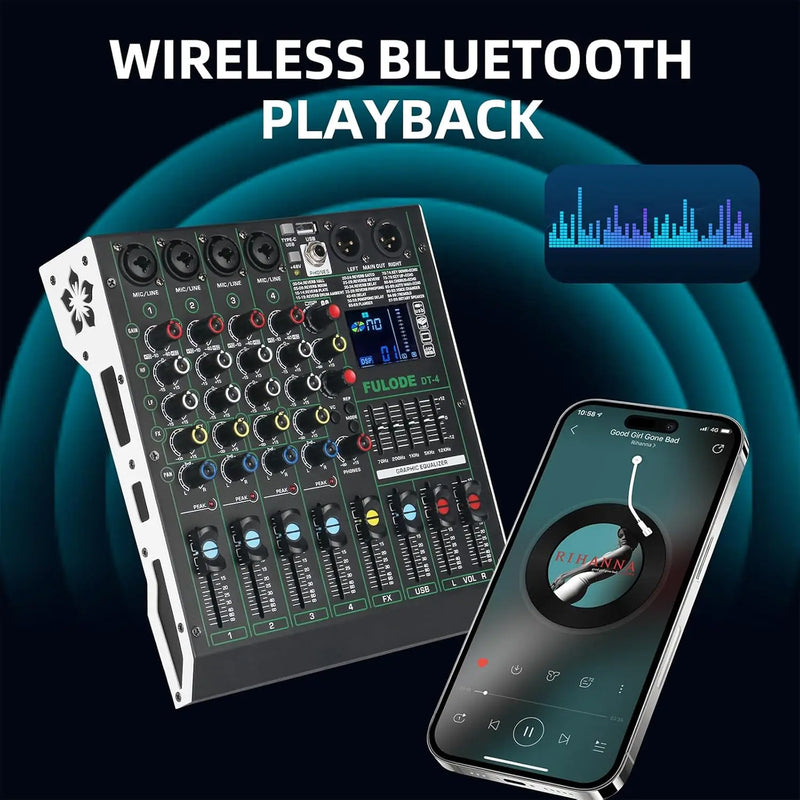 4 Channel Audio Mixer 48V Phantom Power USB Studio Sound Mixers Bluetooth DJ Console Mixing for Karaok
