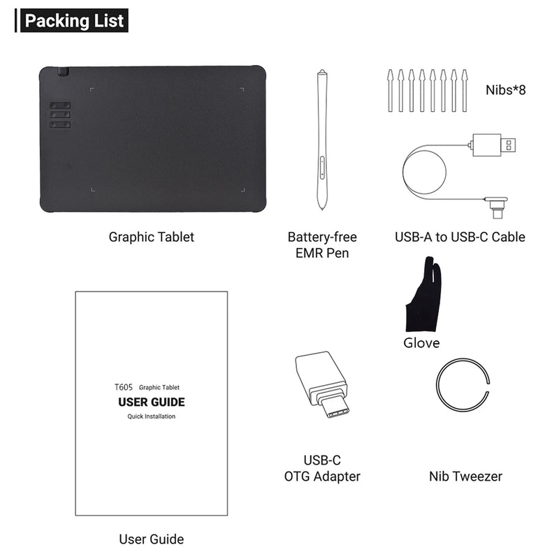 T1161 Graphics Tablet for Drawing, Ultra-thin Art Sketch Digital Pad with Battery-free Stylus 8 Pen Nibs 8192 Levels Pressure