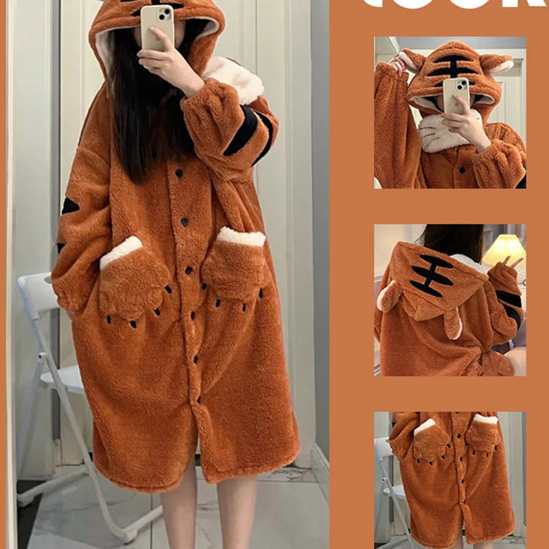 Winter Pajamas For Women Cartoon Hooded Long Robe Cute | SAMAG