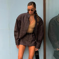 Vintage Suede Two Piece Set Stand Collar High Neck Zip Up Cropped Jacket High Waist Mini Skirt Women 2026 Autumn Retro Chic Suit