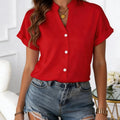 European Style Simple V-Neck Blouse for Women - Summer Short-Sleeved Loose-Fitting Slimming Professional Business Shirt