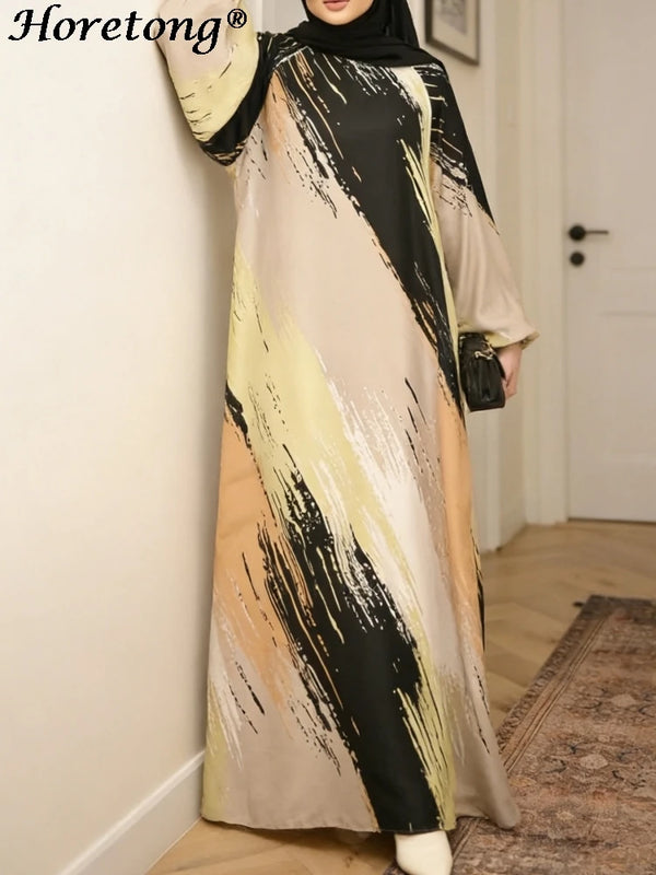 Horetong Summer Muslim Abaya Women Dress Art Print O-Neck | SAMAG
