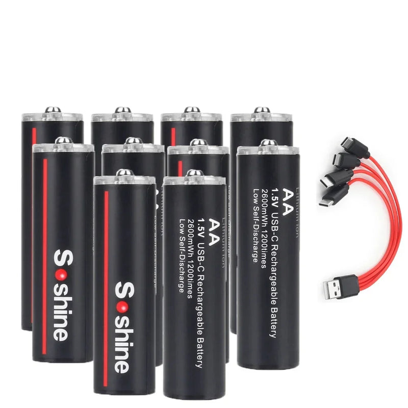 Soshine Original 2600mWh AA Rechargeable Batteries 2A 1.5V USB Lithium Battery Low Self-discharge1200 Times Cycle Li-ion Battery