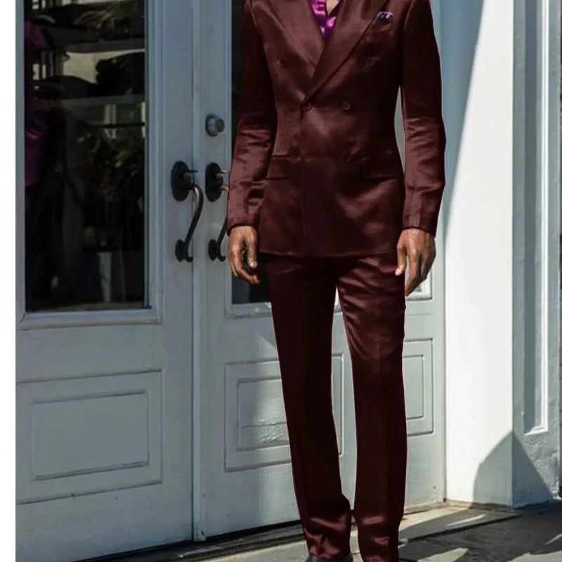 Fashionable Men Suits Satin 2 Piece Jacket Pants Sets High Quality Prom Party Blazer Double Breasted Peak Lapel Male Clothing