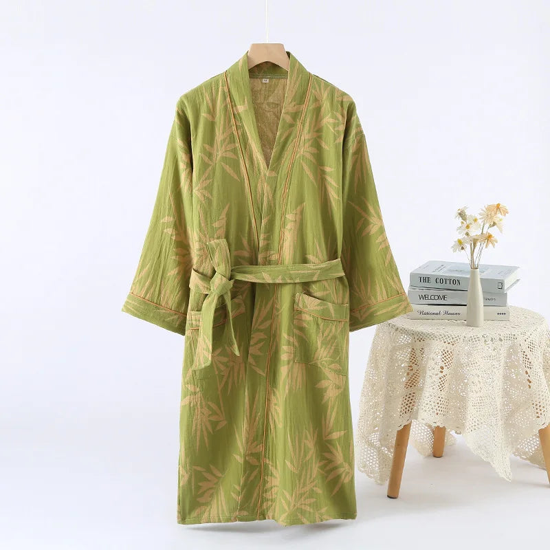2026Couple's Printed Cotton Loose Fitting Bathrobe Japanese Style Tie Up Kimono Bathrobe Sweat Steaming Cotton Pajamas Robes Men