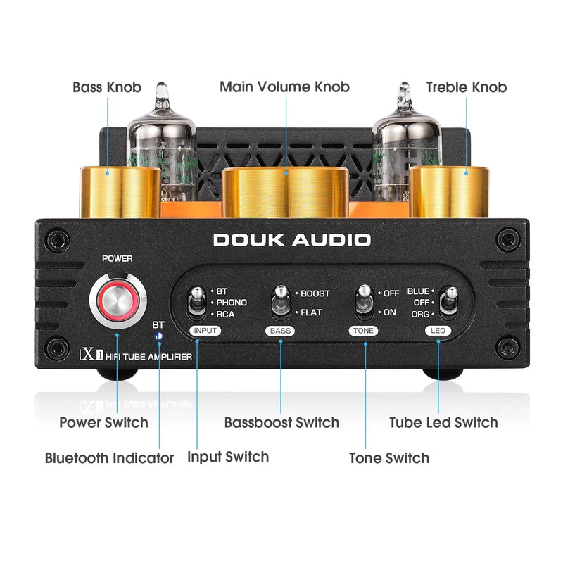 Douk Audio X1 HiFi JAN5725 Vacuum Tube Amplifier Bluetooth5.0 Receiver MM Phono Amp for Home Turntables Power Amp APTX-HD 160W*2