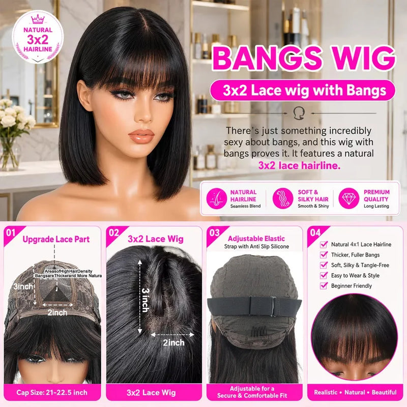 Straight Bob 100% Human Hair Wigs With Bangs 3X2 Middle Part Lace Wig 300 Density Natural Black Short Bob Fringe Wigs For Women