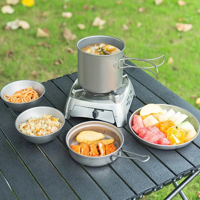 Titanium Camping Cookware Set with Folding Handles, Lightweight Portable Pot and Pan Set for Outdoor Hiking Backpacking Picnic