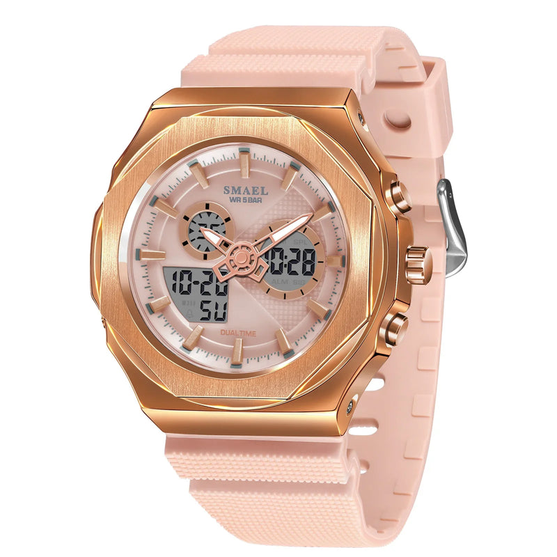 SMAEL Women Dual Display Waterproof Sport Quartz Watch LED Digital Analog Stopwatch Durable Daily Outdoor Casual Wristwatch