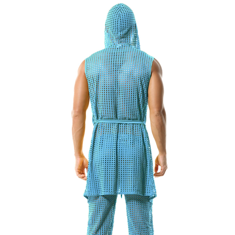 Men's Fishnet Hollow Out Robes Classic Lounge Pants Sexy Sleepwear Mens Robe Sets Daily Home Sleeveless Bathrobes Hooded Pajamas