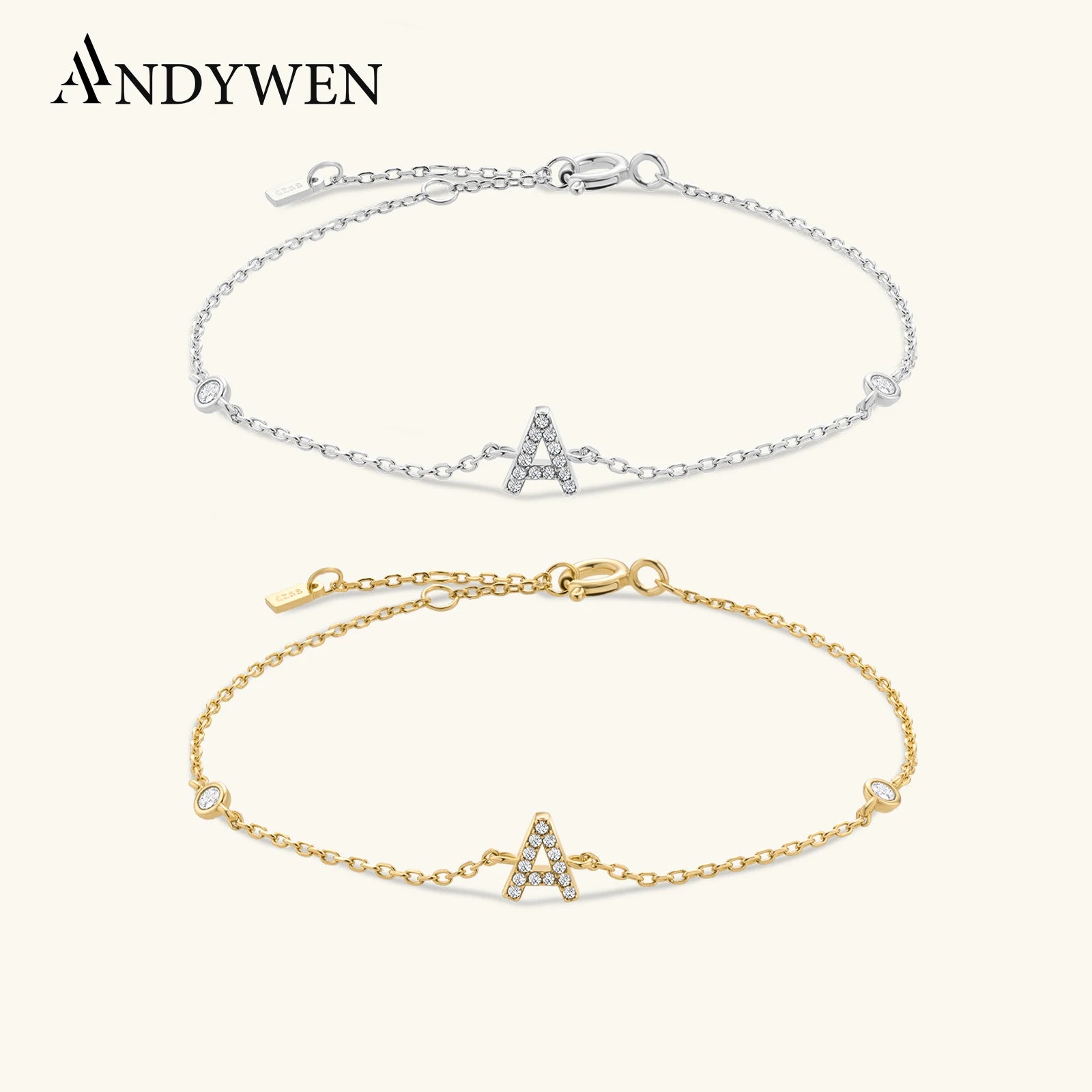 ANDYWEN 925 Sterling Silver Initial 26 Letters Alphabet Monogram Gold Name Bracelet Crystal CZ Zircon 2021 Fashionable Jewelry