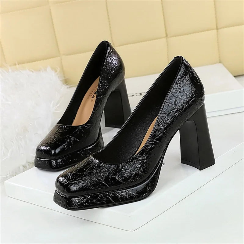 New Waterproof Table Square Toe Super High Heels Women Shallow Mouth Thick Heels Single Shoes Versatile Temperament High Heels