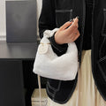 Women Faux Fur Plush Handbags Ruched Handle Small Lady Shoulder Crossbody Bag Casual Tote Half-Moon Hobos Winter Bags for Women