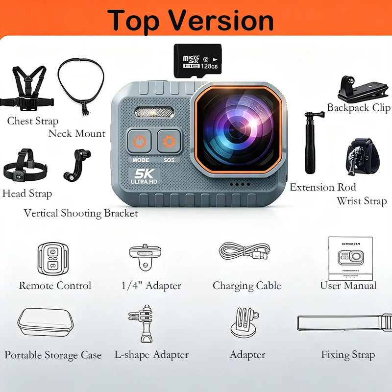 5K UHD Mini Action Camera 30fps Outdoor Sports Buit-in 1050mAh Battery IP68 Waterproof Wifi Camcorder  Bike Helmet Body Camera