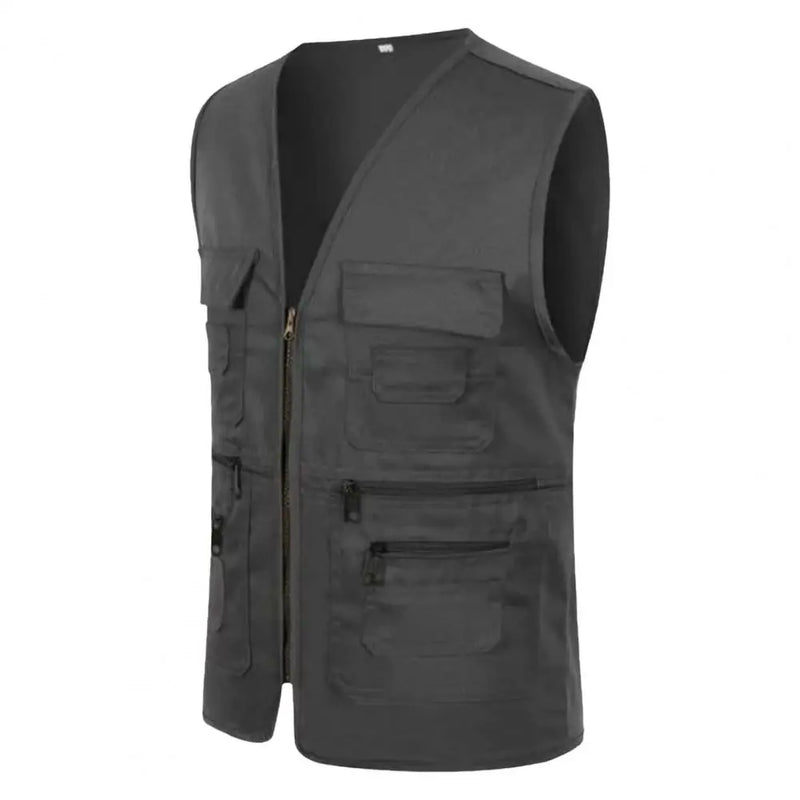 Men Vest JacketMultiple Pockets Zipper Sleeveless Fishing Waistcoat Camping Work Clothes V Neck Outdoor Waistcoat Volunteer Vest