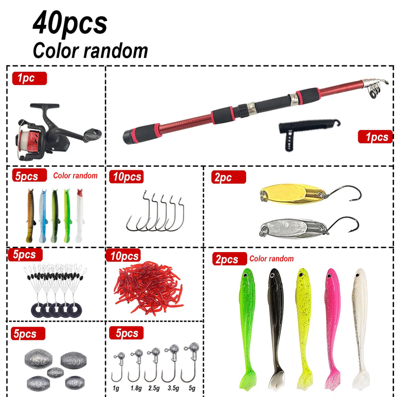 49 pcs Beginner Fishing Rod Set Portable Retractable Fishing Pole With Spinning Reel Assorted Bait Lures Fishing Gift For Men