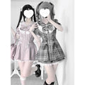 College-Style Retro Gray Plaid Shirt Dress for Women, Summer Sweet Little Girl's Bow Lace Waist-Cinching Short Dress