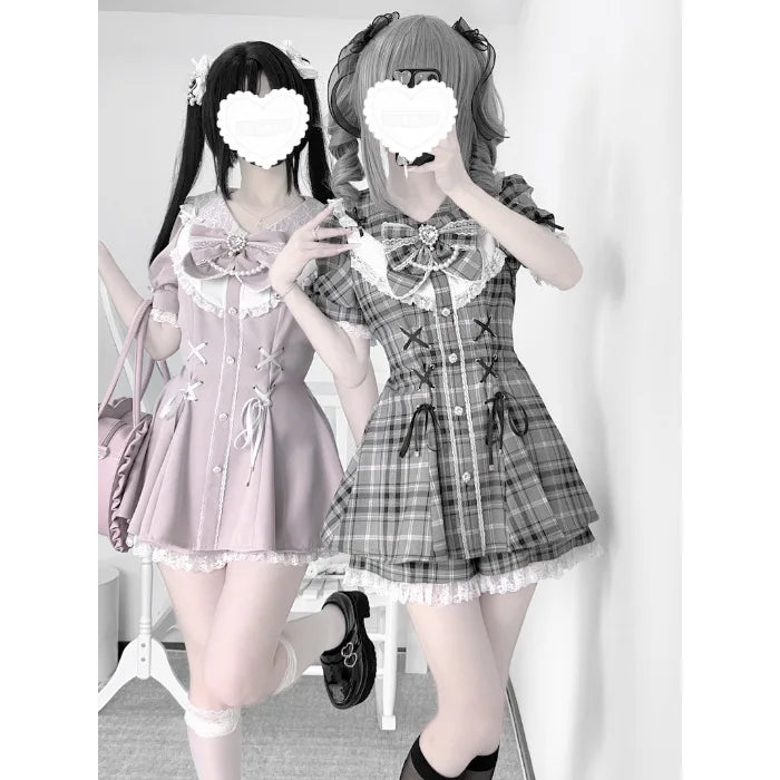 College-Style Retro Gray Plaid Shirt Dress for Women, Summer Sweet Little Girl's Bow Lace Waist-Cinching Short Dress