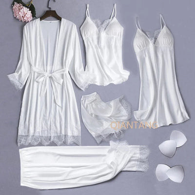 White Silk Pajamas Set Women Bride Wedding Robe Nightgown | SAMAG