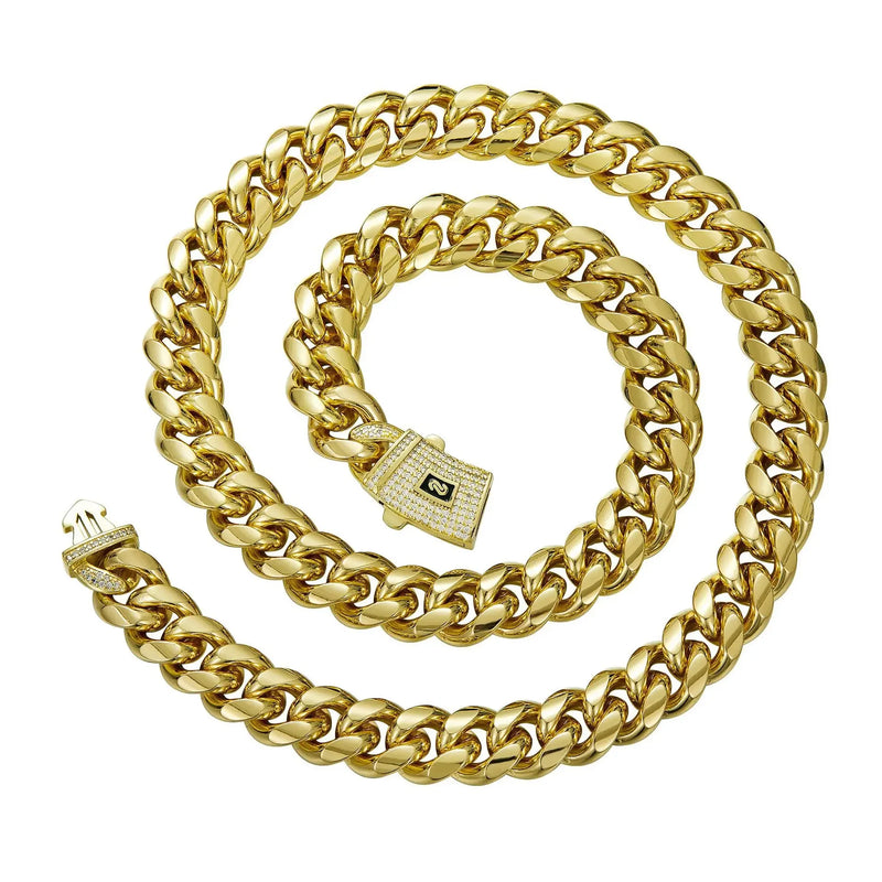 6 - 14mm Bling Gold Color Stainless Steel Cuban Miami Chains Necklaces CZ Zircon Box Lock Link for Men Hip - Visuel 4 | SAMAG