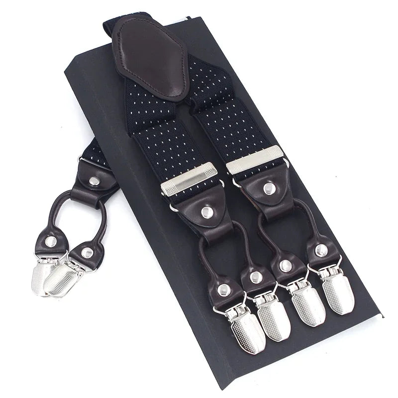 Men's Casual Fashion Leather Suspenders Adjustable High Quality Belt Strap Braces with 6 Clips