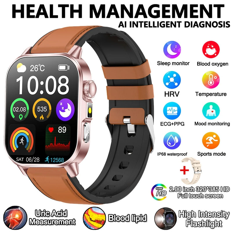 2026 New Professional-Grade Health Smart Watch Men ECG BP HR Uric Acid Lipid BMI Body Analysis Bluetooth Call Smartwatch Women