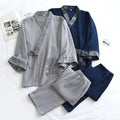 Men Japanese Kimono Pajamas Set Cotton Robe Pants Kimono Haori Yukata Nightgown Sleepwear with Pocket Lace Up