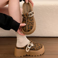 New Summer Women Faux Suede Leopard Print Buckle Strap Chunky Platform Mules Sandals Clogs Round Toe Casual Slippers Shoes Women